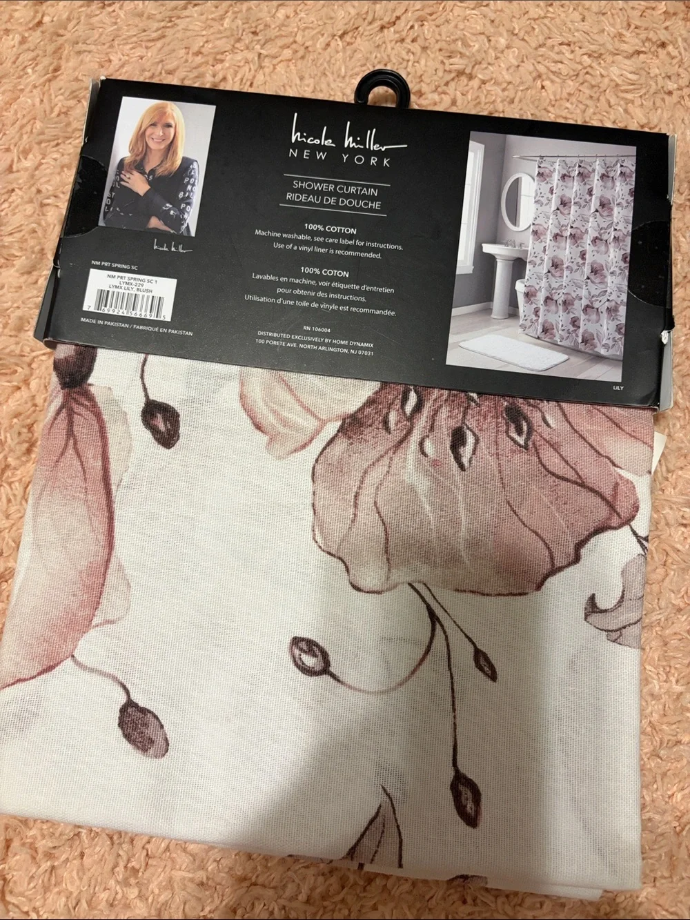NWT Nicole Miller NY Shower Curtain Lymx Lily Blush 100% Cotton 72” x 72”
